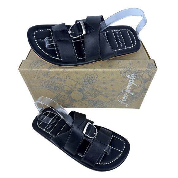 Free People Sloan Buckle Black Leather Open Toe Womens Sandals Size 9 - Picture 1 of 11